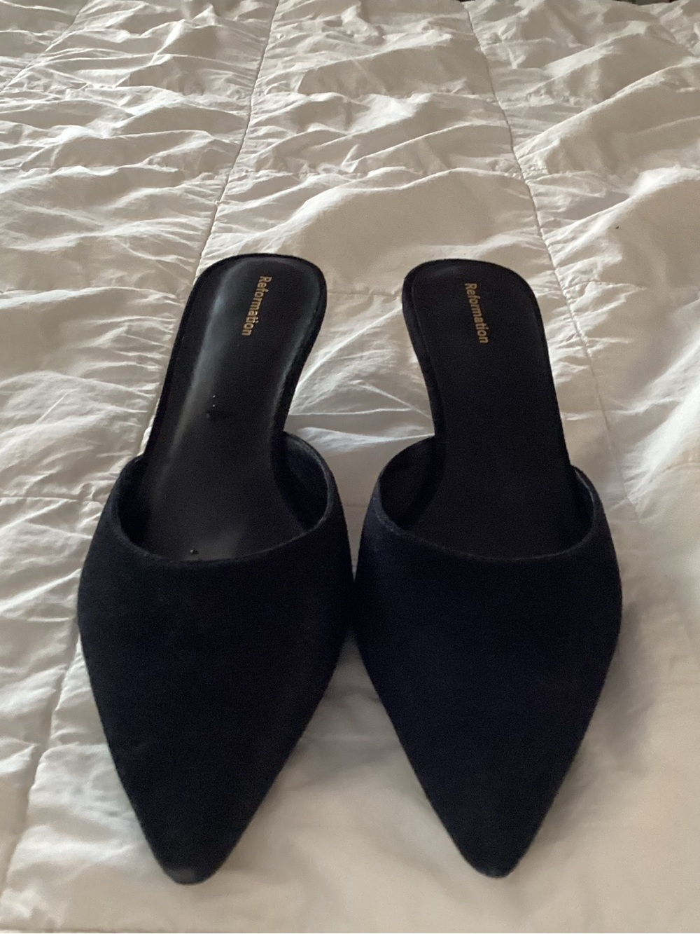 Reformation Black Pointed Mule Slides